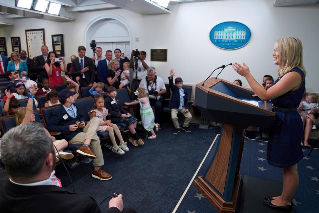 White House press secretary Karoline Leavitt speaks with children during a briefing for children during a Take Our Daughters and Sons to Work Day in the James Brady Press Briefing Room at the White House