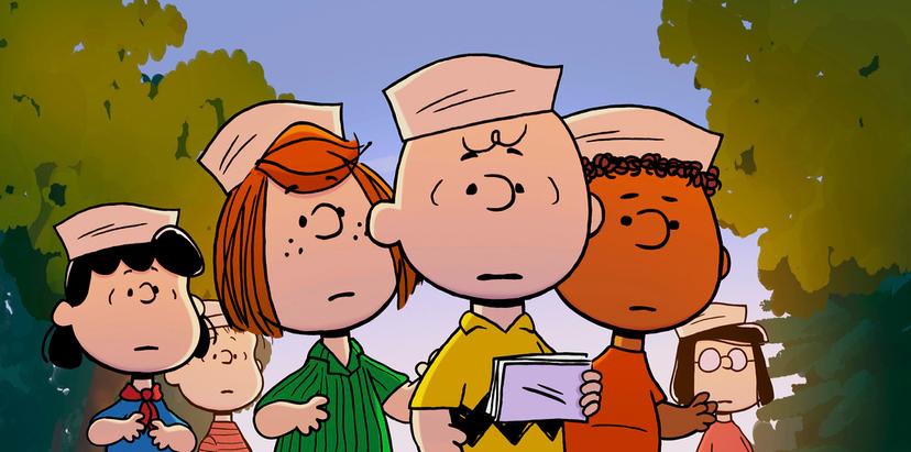 Lucy, Linus, Peppermint Patty, Charlie Brown, Franklin and Marcie in a scene from "Snoopy Presents: A Summer Musical." 