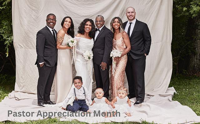 From Left to right: Pastor Alvin Love, III, Jasmine Love, Pastor CeCe Winans-Love, Pastor Alvin Love, II, Ashley Phillips, Kenny Phillips, Seated: Wyatt Phillips, Honey Rosa Love, and Rooney Phillips