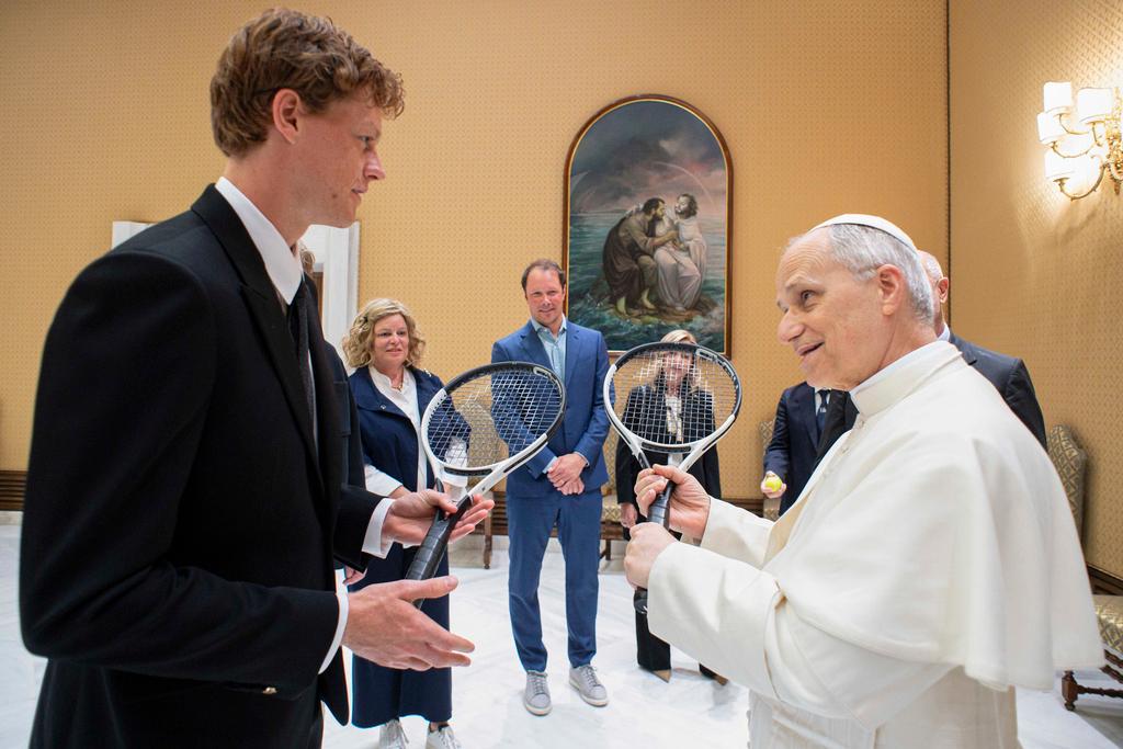 Italy's Jannik Sinner shares a light moment with Pope Leo XIV on the occasion of their meeting at the Vatican